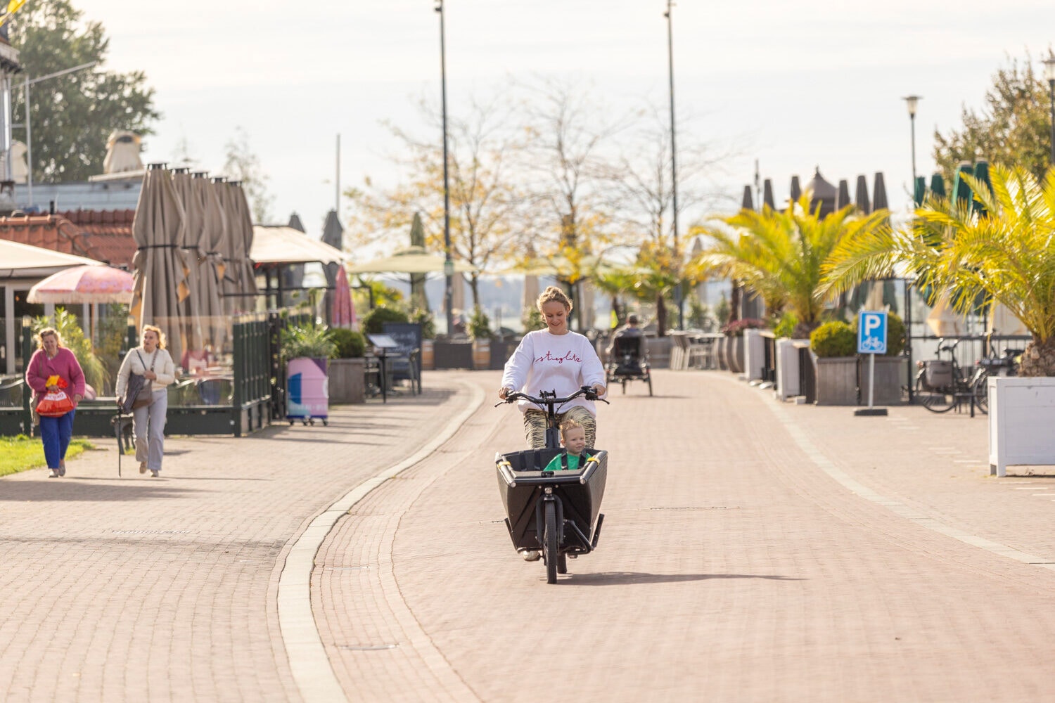 Frau mit Kind in einem E-Lastenrad auf dem Boulevard