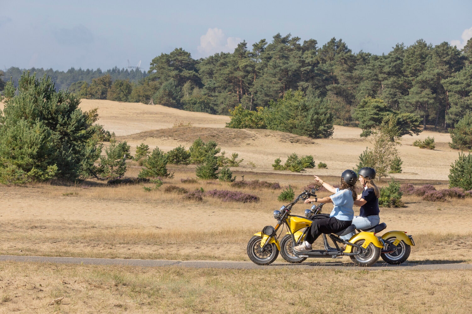 E-Chopper mit zwei Personen auf einer Sandfläche auf der Veluwe