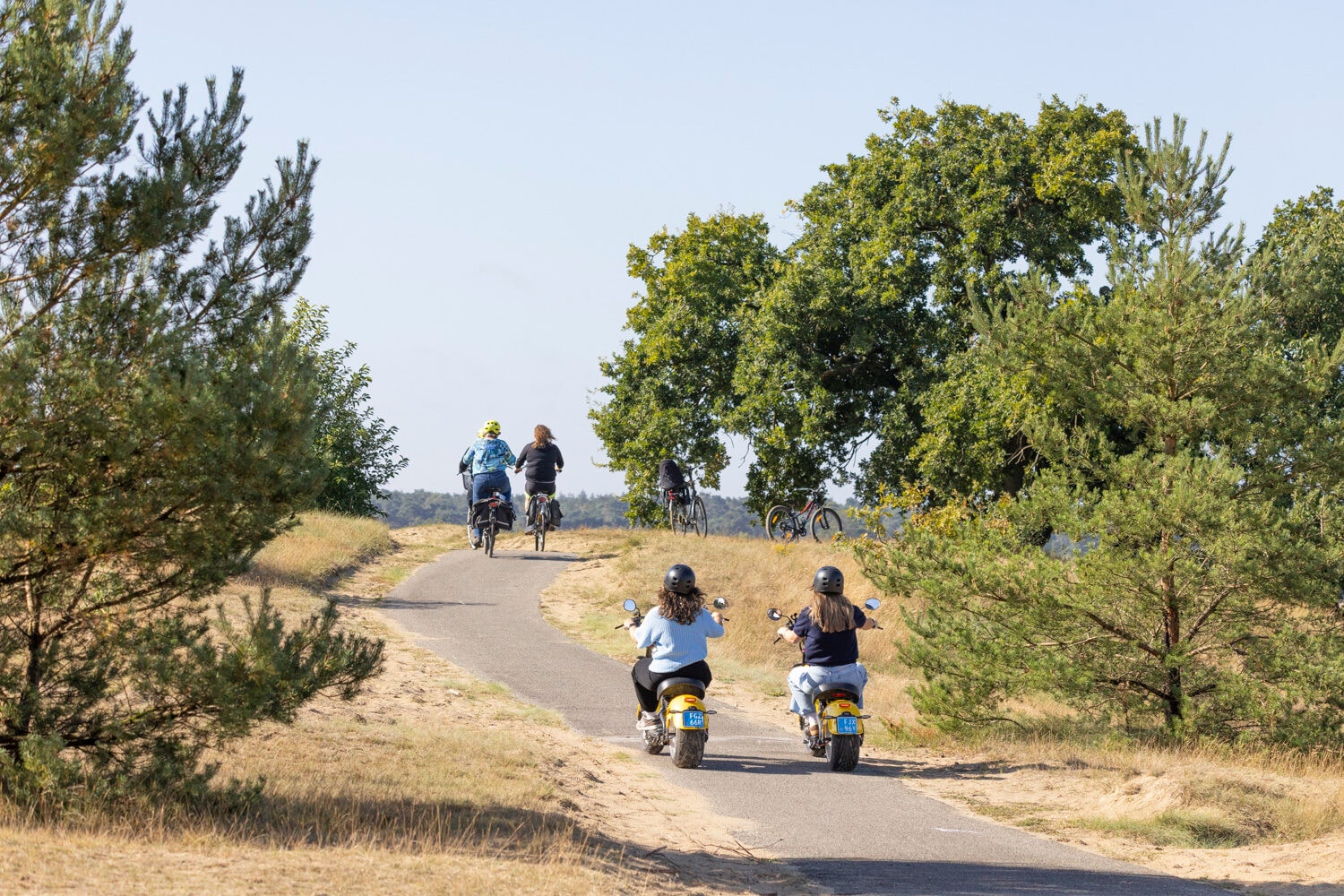 Gruppe auf E-Choppern und Fahrrädern auf einem Sandweg