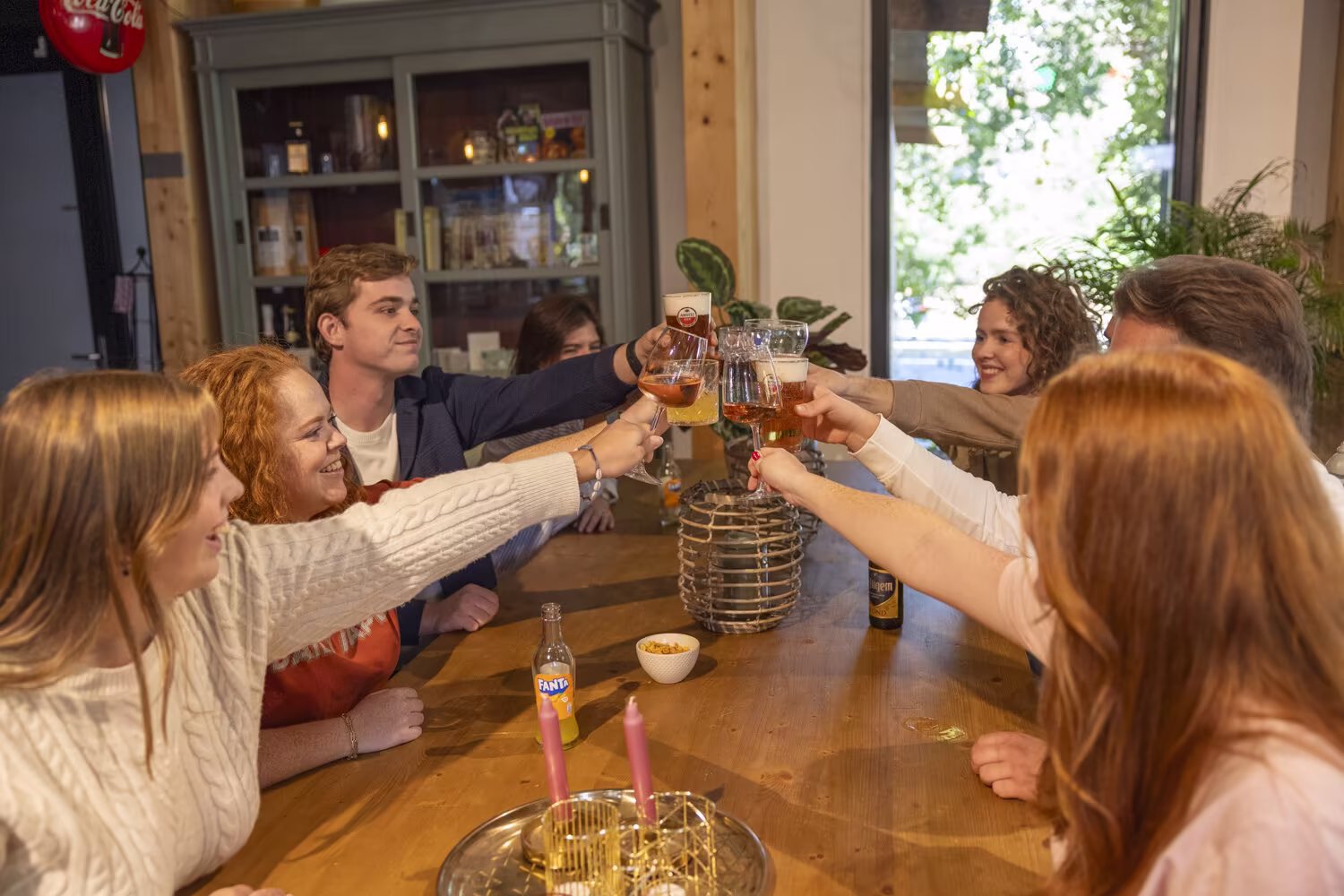 Group of friends raising a toast at the table