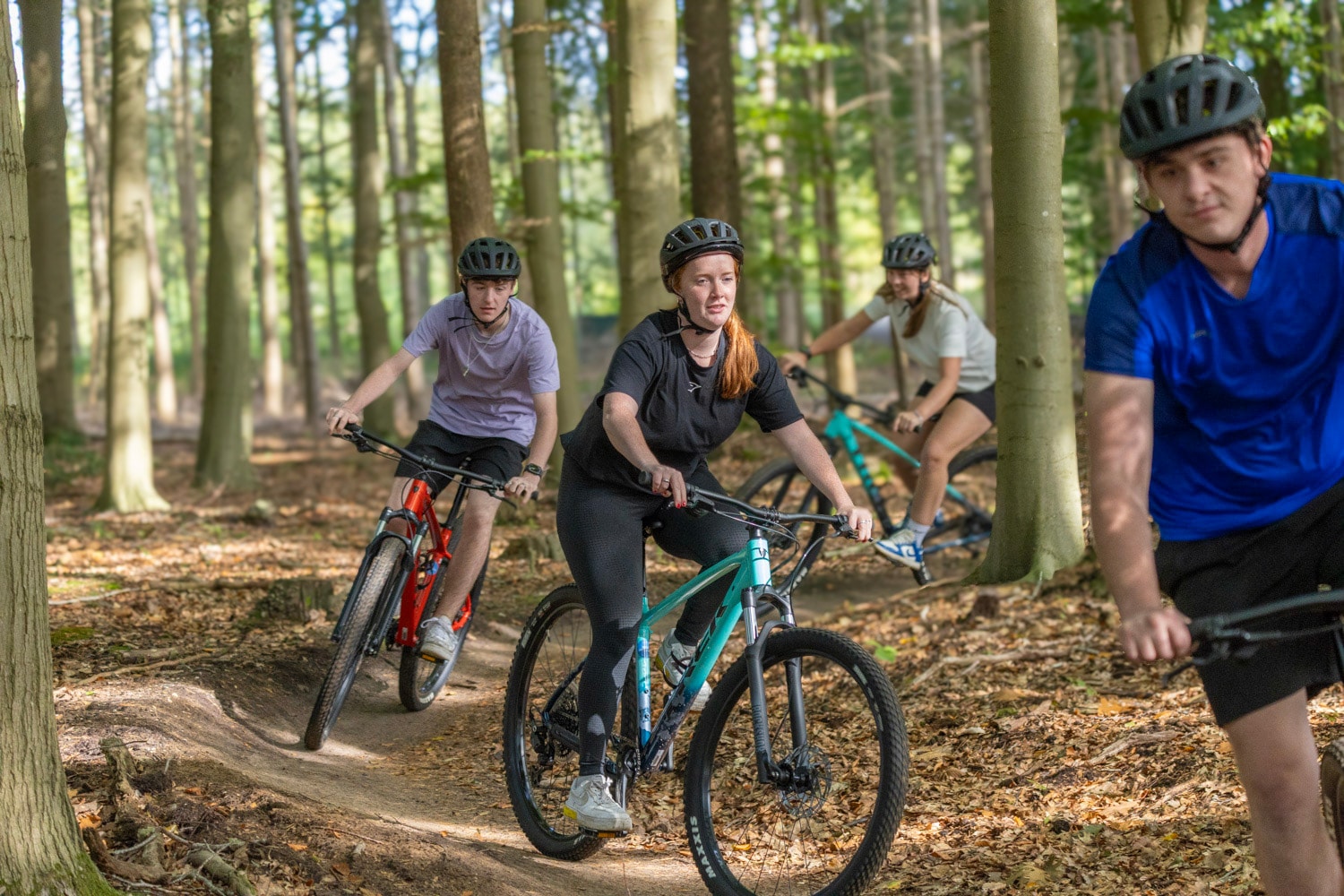 Groep mountainbikers op een bospad bij Harderwijk