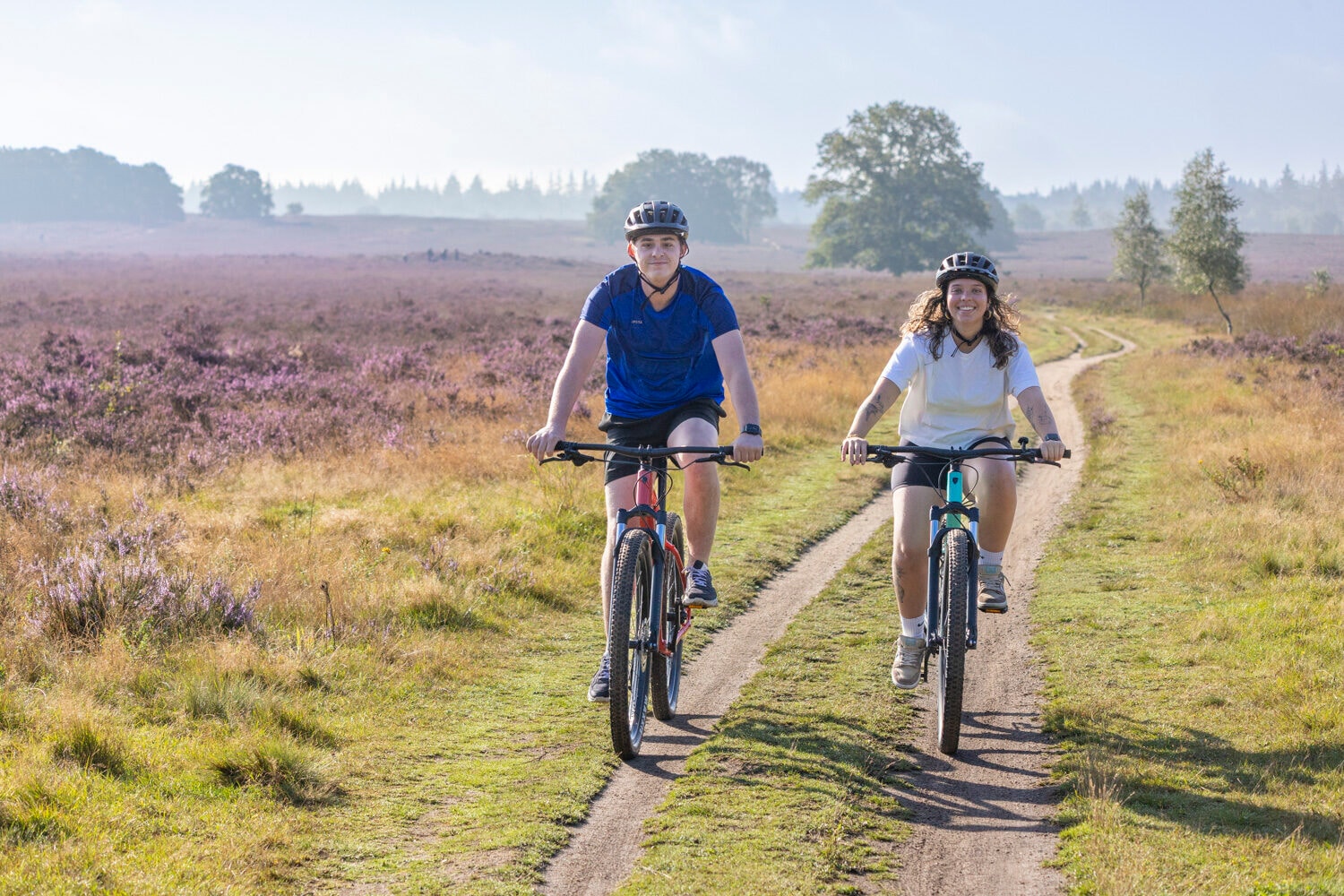 Mountainbiker von Outdoor Harderwijk in der Heide der Veluwe