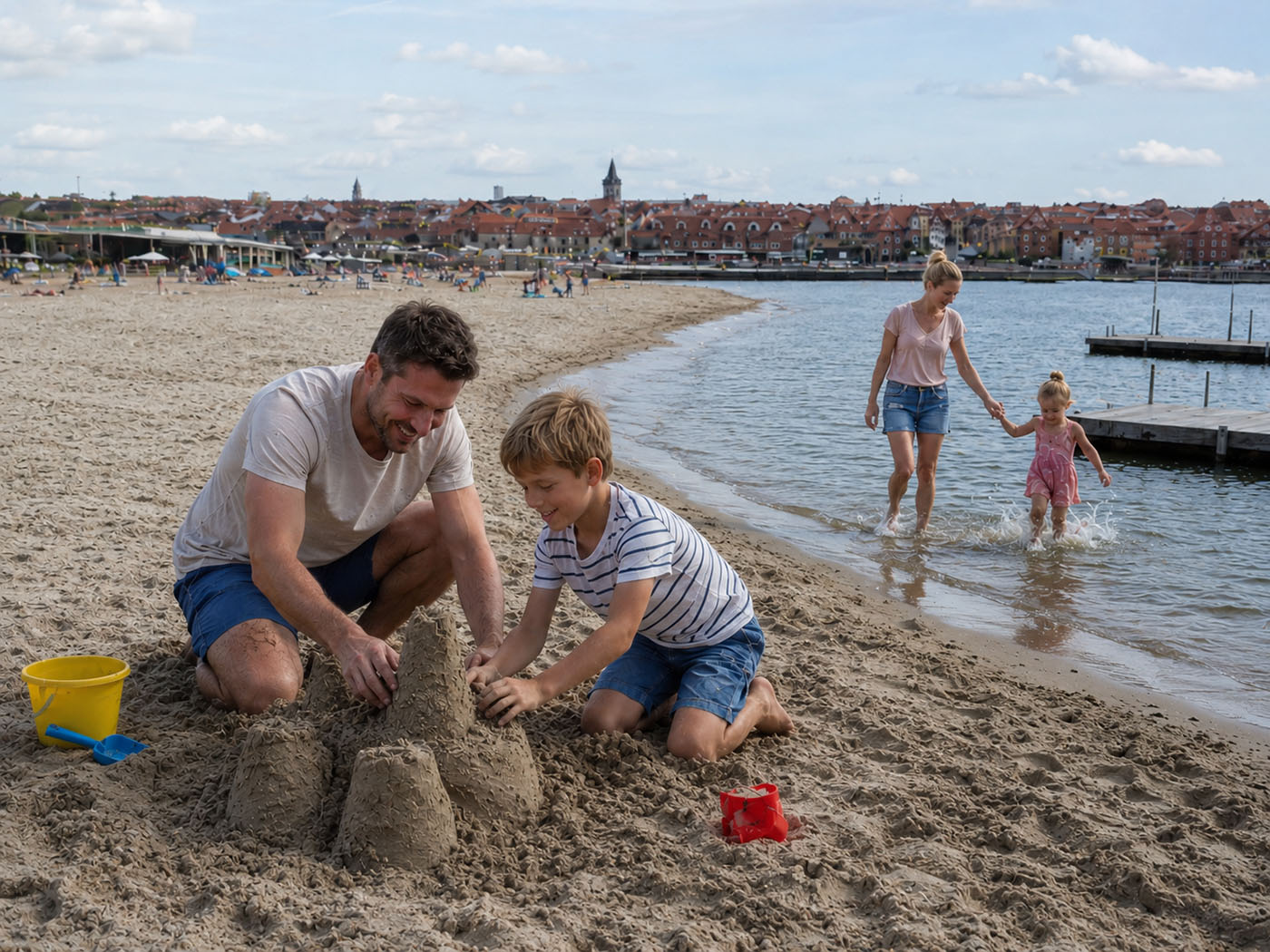 Dagje Strandeiland Harderwijk met kinderen, vader en zoon bouwen een zandkasteel en moeder en dochter zijn aan het pootjebaden.