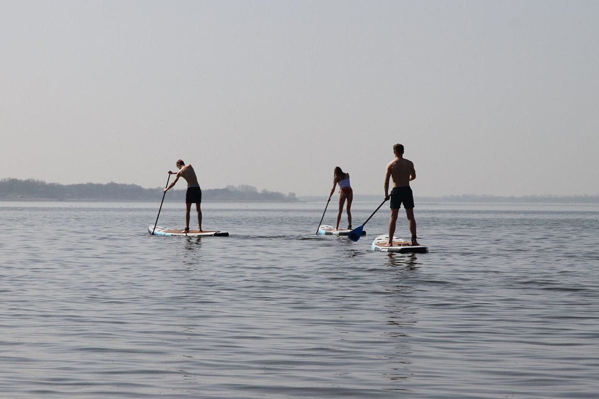 Stand-up-Paddler auf dem Wolderwijd bei Harderwijk an einem sonnigen Tag
